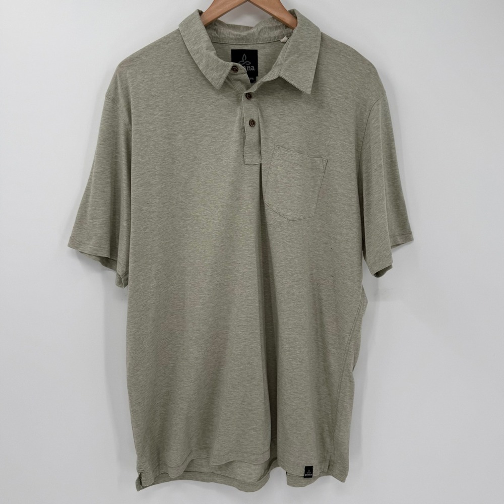 Prana Polo Shirt Men XL‎ Green Slub Organic Cotton Blend Casual Pocket